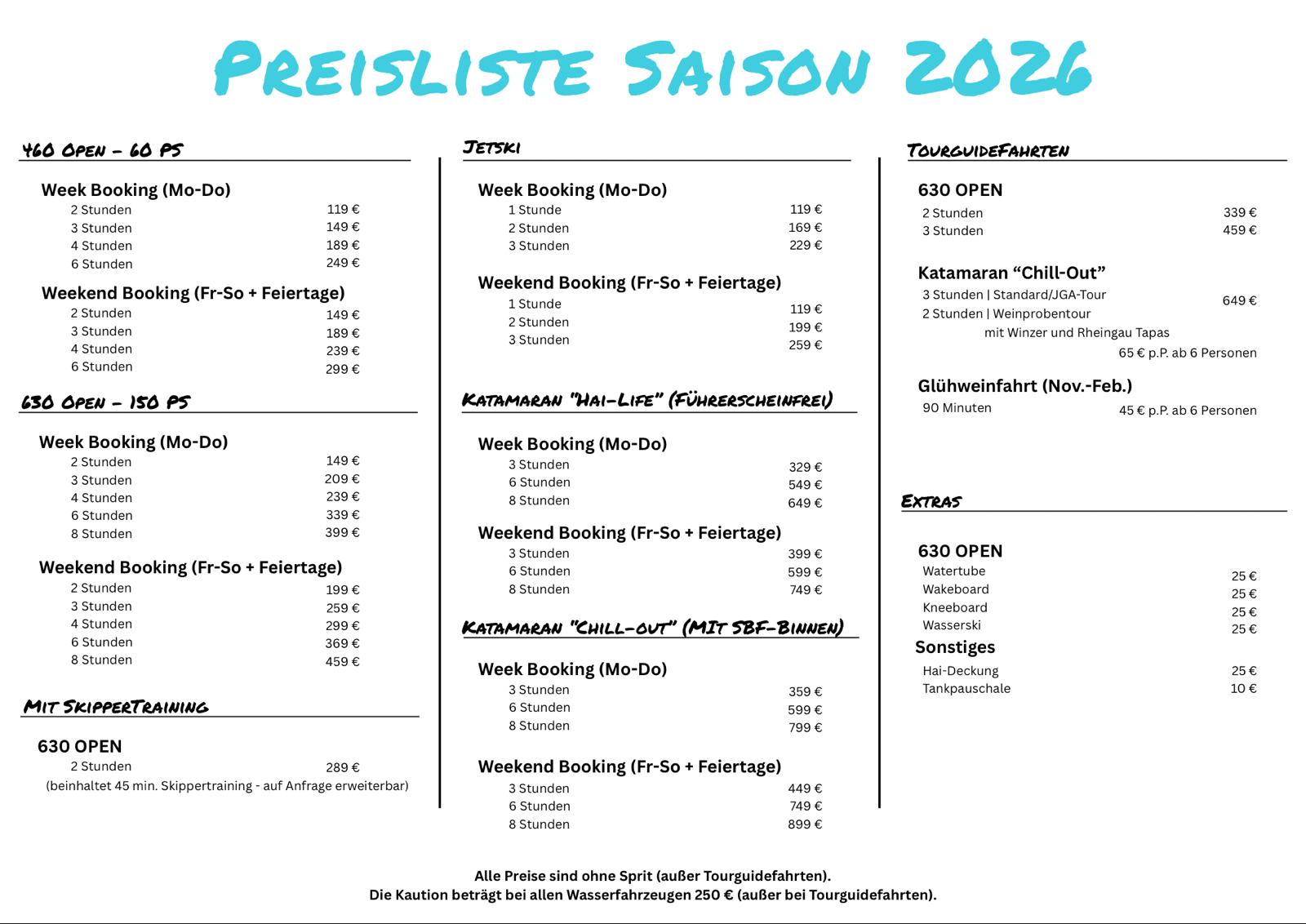 Preisliste Hai-Charter 2026
